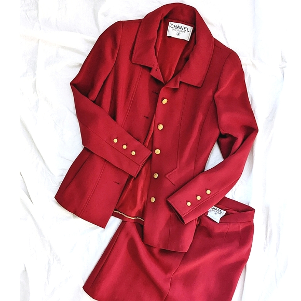 Rare Chanel 90s Red Wool Suit Blazer Jacket Skirt Set Gold Buttons